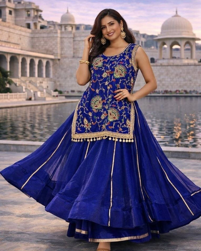 New Trendy Lehenga Choli | Soft Aura Silk | Blouse With Heavy Resham Work & Mirror Lace | Perfect For Festive Occasions And Celebrations - Rosepetals Luxe