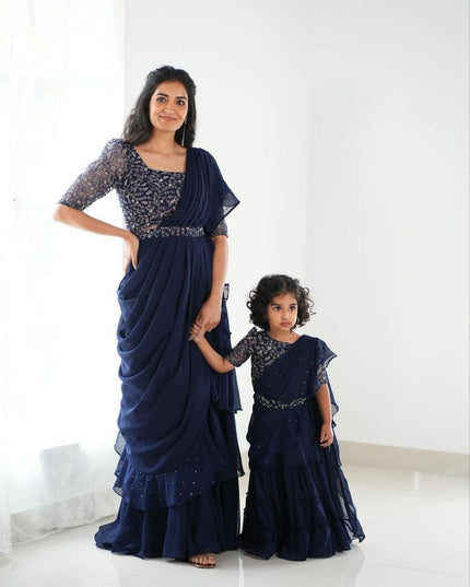 Heavy Georgette Mother Daughter Combo | Party Wear Lahenga Saree With Stiched Blouse - Rosepetals Luxe