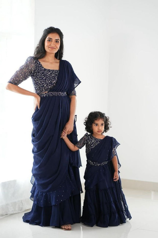 Heavy Georgette Mother Daughter Combo | Party Wear Lahenga Saree With Stiched Blouse - Rosepetals Luxe