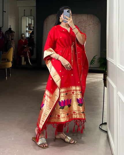 Ready-to-Wear Jacquard Paithani Kaftan with Elegant Zari Weaving | Perfect Ethnic Wear - Rosepetals Luxe