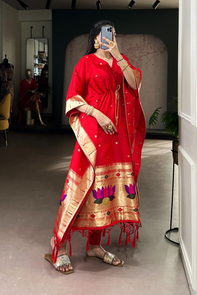Ready-to-Wear Jacquard Paithani Kaftan with Elegant Zari Weaving | Perfect Ethnic Wear - Rosepetals Luxe