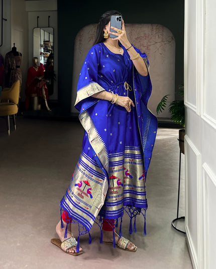 Ready-to-Wear Jacquard Paithani Kaftan with Elegant Zari Weaving | Perfect Ethnic Wear - Rosepetals Luxe