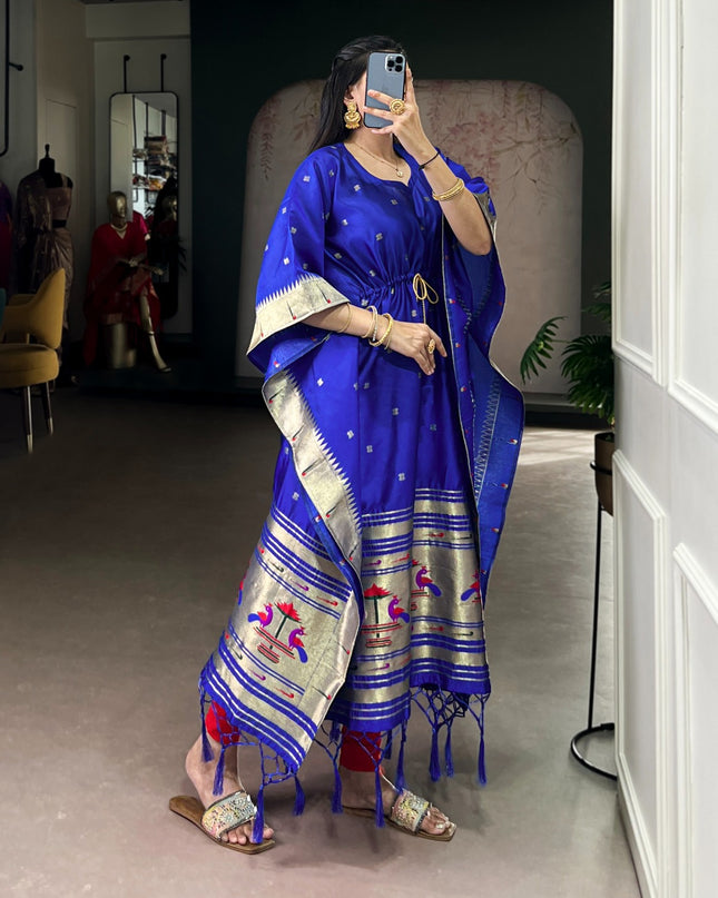 Ready-to-Wear Jacquard Paithani Kaftan with Elegant Zari Weaving | Perfect Ethnic Wear - Rosepetals Luxe