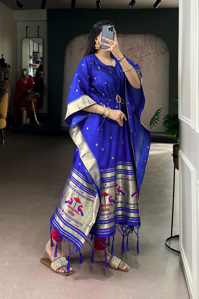 Ready-to-Wear Jacquard Paithani Kaftan with Elegant Zari Weaving | Perfect Ethnic Wear - Rosepetals Luxe