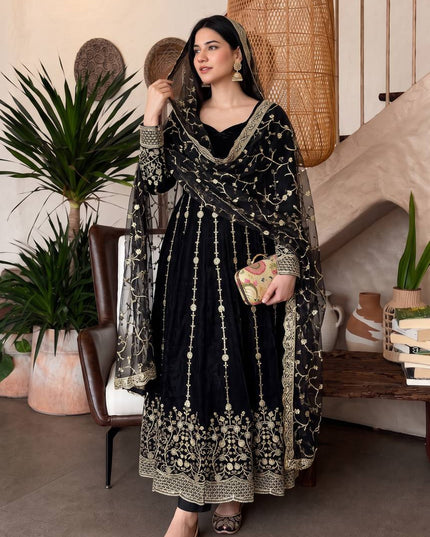 Premium Fandy Silk Embroidered Gown Set with Sequins Work, Matching Pant & Dupatta Ready to Wear Designer Party Wear Ethnic Outfit for Women