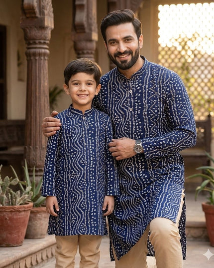 Dad & Son Matching Kurta Pyjama Combo Set | Fancy Printed Cotton Ethnic Wear - Rosepetals Luxe