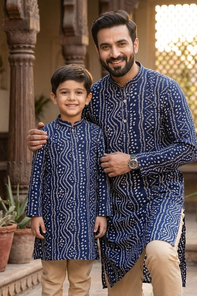 Dad & Son Matching Kurta Pyjama Combo Set | Fancy Printed Cotton Ethnic Wear - Rosepetals Luxe