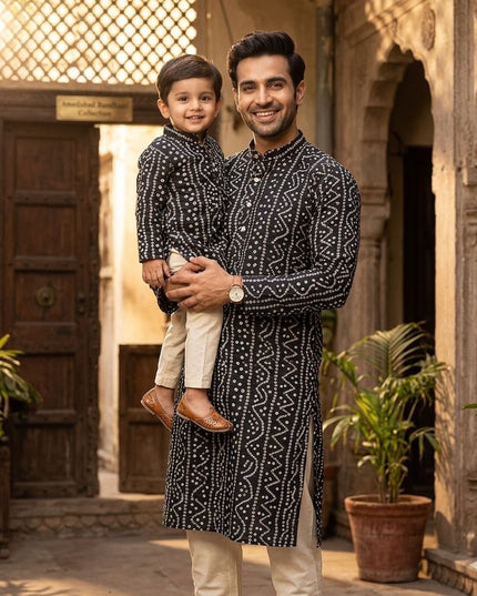 Dad & Son Matching Kurta Pyjama Combo Set | Fancy Printed Cotton Ethnic Wear - Rosepetals Luxe