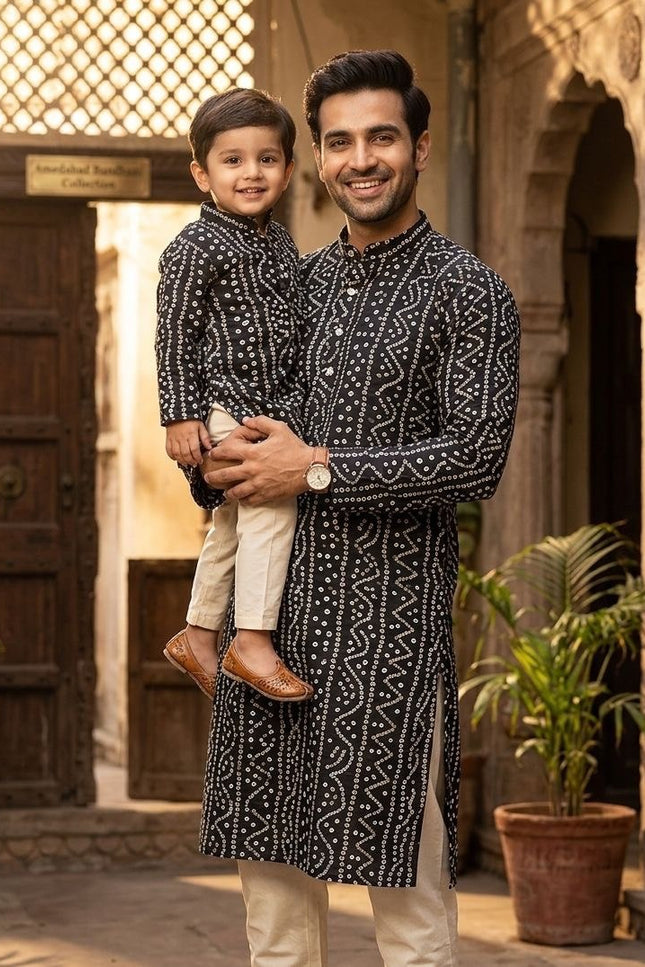 Dad & Son Matching Kurta Pyjama Combo Set | Fancy Printed Cotton Ethnic Wear - Rosepetals Luxe