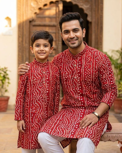 Dad & Son Matching Kurta Pyjama Combo Set | Fancy Printed Cotton Ethnic Wear - Rosepetals Luxe