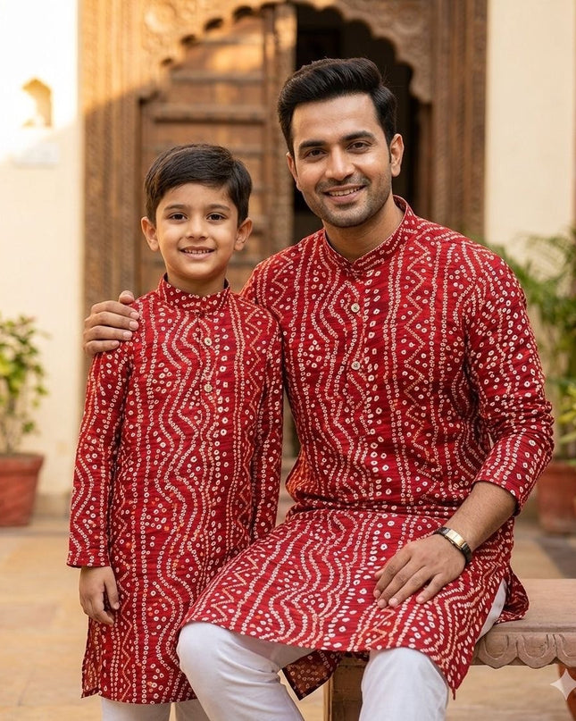 Dad & Son Matching Kurta Pyjama Combo Set | Fancy Printed Cotton Ethnic Wear - Rosepetals Luxe