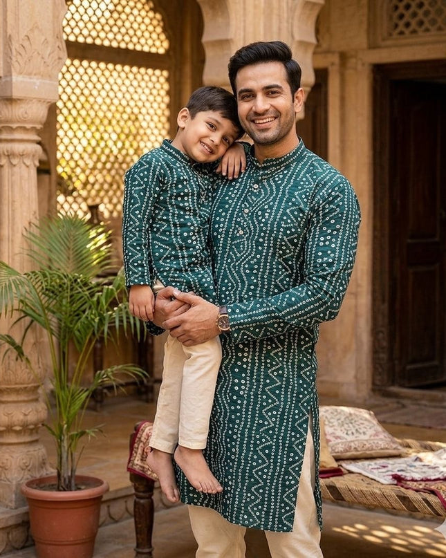 Dad & Son Matching Kurta Pyjama Combo Set | Fancy Printed Cotton Ethnic Wear - Rosepetals Luxe