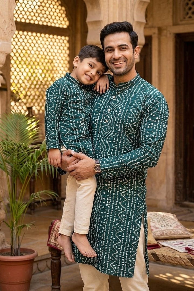 Dad & Son Matching Kurta Pyjama Combo Set | Fancy Printed Cotton Ethnic Wear - Rosepetals Luxe
