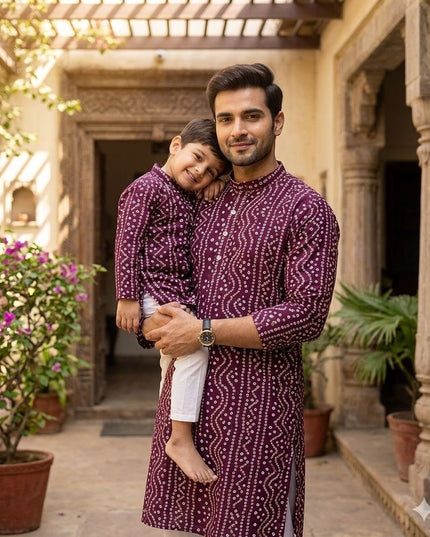 Dad & Son Matching Kurta Pyjama Combo Set | Fancy Printed Cotton Ethnic Wear - Rosepetals Luxe