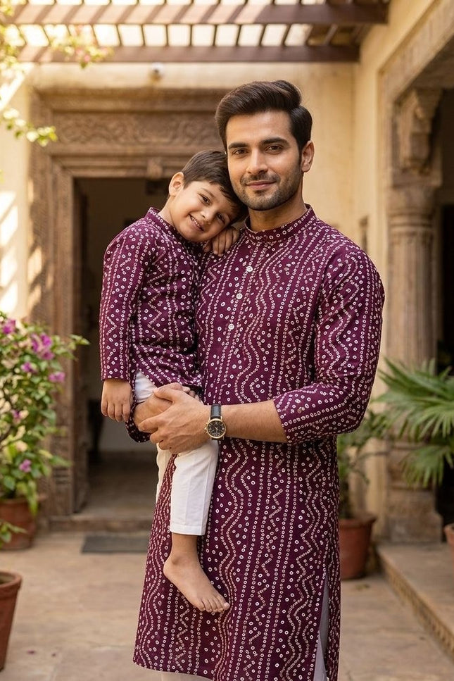Dad & Son Matching Kurta Pyjama Combo Set | Fancy Printed Cotton Ethnic Wear - Rosepetals Luxe