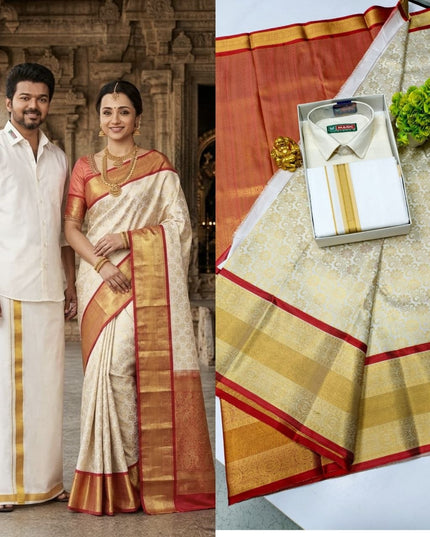 Traditional Couple Combo Set Kanchipuram Silk Saree & Cotton Dhoti-Shirt - Rosepetals Luxe