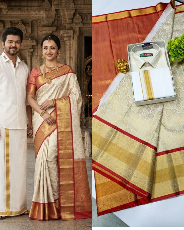 Traditional Couple Combo Set Kanchipuram Silk Saree & Cotton Dhoti-Shirt - Rosepetals Luxe
