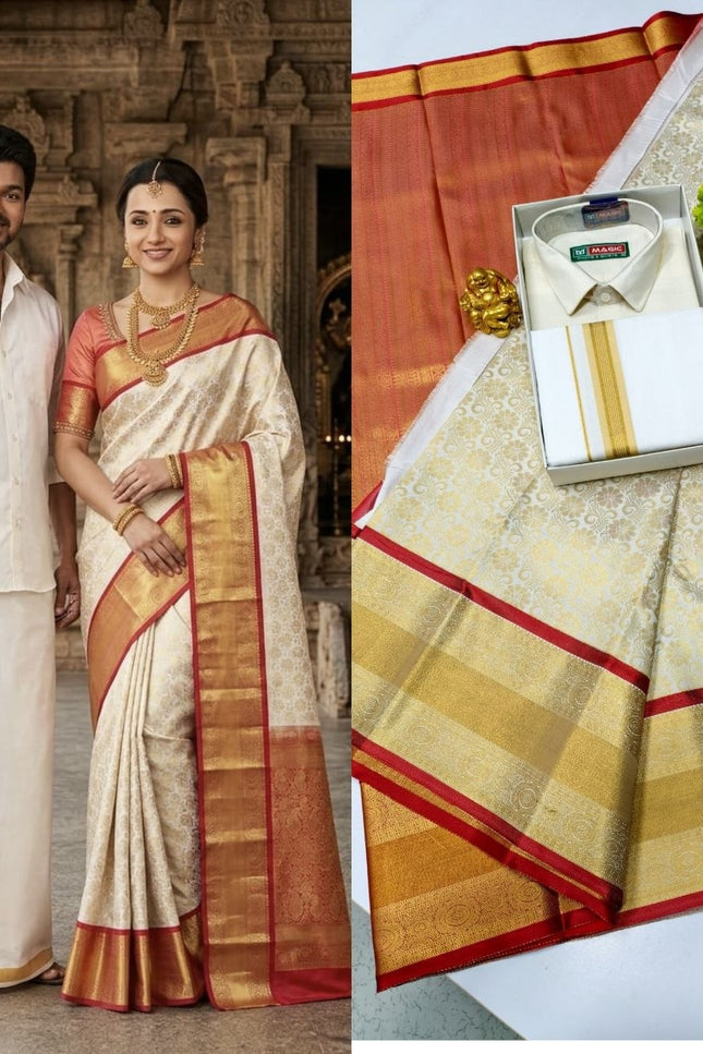Traditional Couple Combo Set Kanchipuram Silk Saree & Cotton Dhoti-Shirt - Rosepetals Luxe