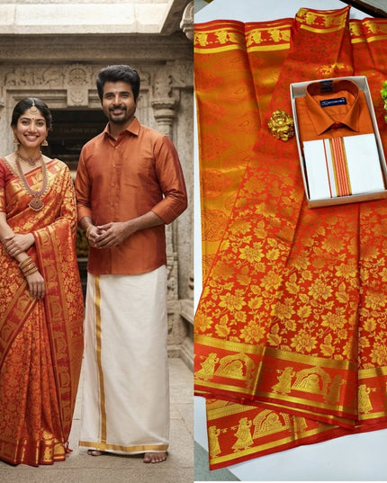 Traditional Couple Combo Set Kanchipuram Silk Saree & Cotton Dhoti-Shirt - Rosepetals Luxe