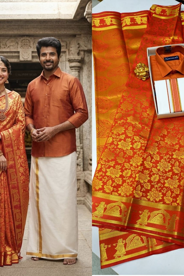 Traditional Couple Combo Set Kanchipuram Silk Saree & Cotton Dhoti-Shirt - Rosepetals Luxe
