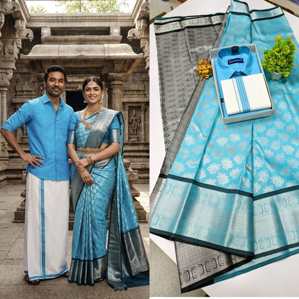 Traditional Couple Combo Set Kanchipuram Silk Saree & Cotton Dhoti-Shirt - Rosepetals Luxe