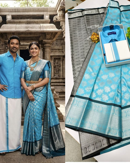 Traditional Couple Combo Set Kanchipuram Silk Saree & Cotton Dhoti-Shirt - Rosepetals Luxe