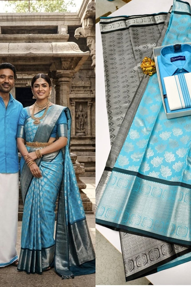Traditional Couple Combo Set Kanchipuram Silk Saree & Cotton Dhoti-Shirt - Rosepetals Luxe