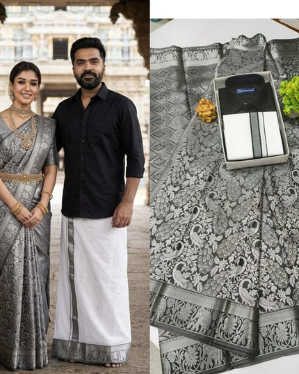 Traditional Couple Combo Set Kanchipuram Silk Saree & Cotton Dhoti-Shirt - Rosepetals Luxe
