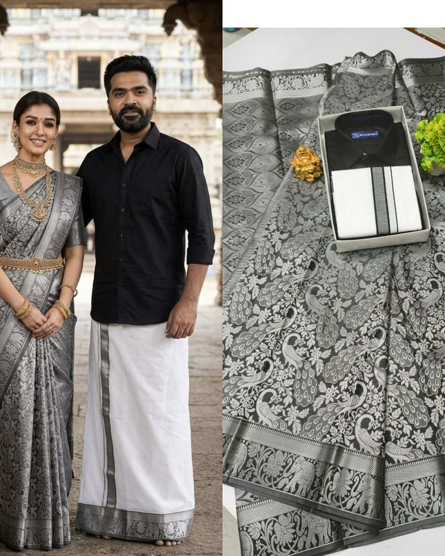 Traditional Couple Combo Set Kanchipuram Silk Saree & Cotton Dhoti-Shirt - Rosepetals Luxe