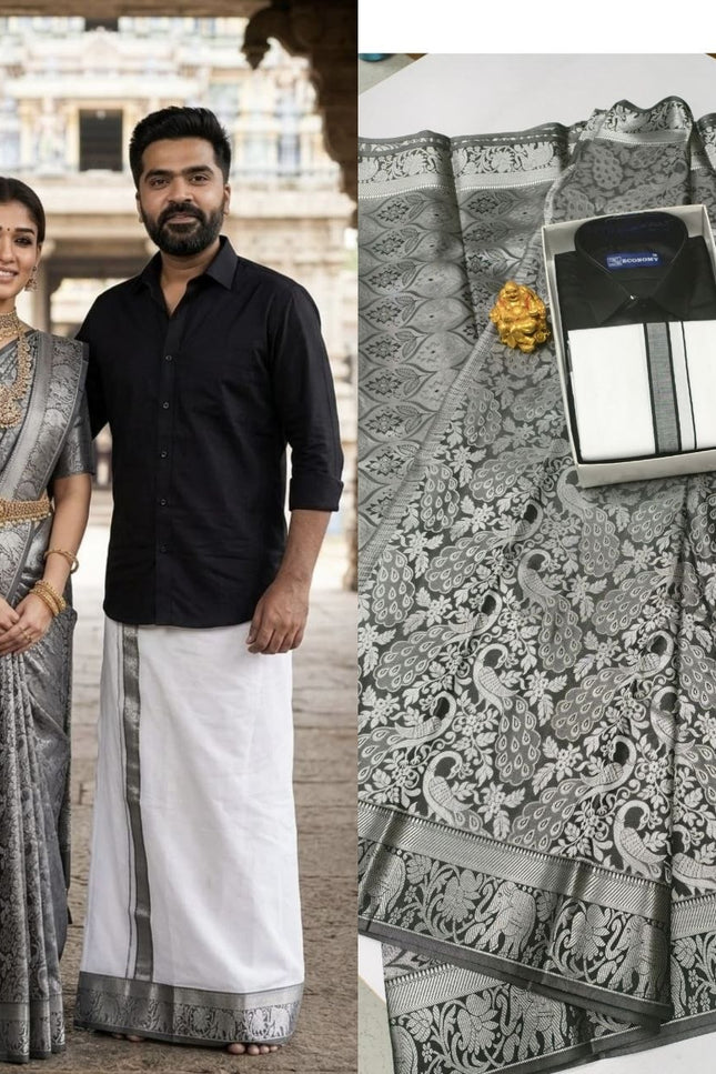 Traditional Couple Combo Set Kanchipuram Silk Saree & Cotton Dhoti-Shirt - Rosepetals Luxe