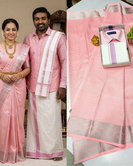 Traditional Couple Combo Set Kanchipuram Silk Saree & Cotton Dhoti-Shirt - Rosepetals Luxe