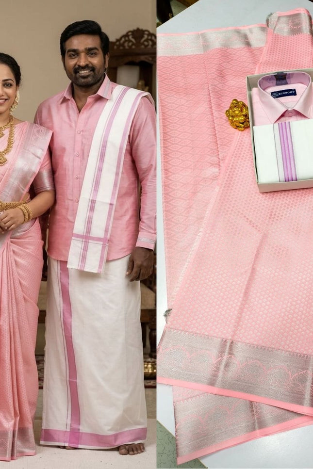 Traditional Couple Combo Set Kanchipuram Silk Saree & Cotton Dhoti-Shirt - Rosepetals Luxe