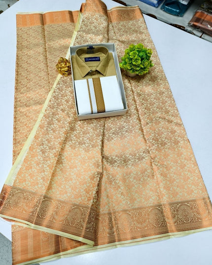 Traditional Couple Combo Set Kanchipuram Silk Saree & Cotton Dhoti-Shirt - Rosepetals Luxe