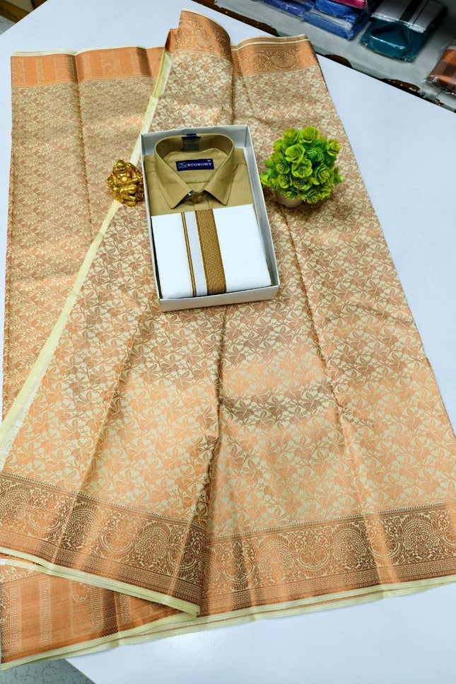 Traditional Couple Combo Set Kanchipuram Silk Saree & Cotton Dhoti-Shirt - Rosepetals Luxe