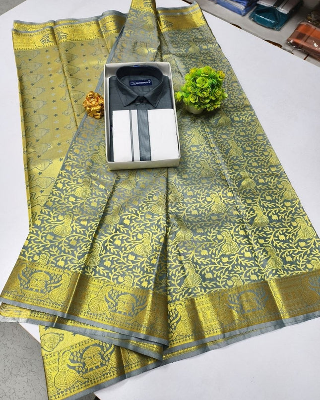 Traditional Couple Combo Set Kanchipuram Silk Saree & Cotton Dhoti-Shirt - Rosepetals Luxe