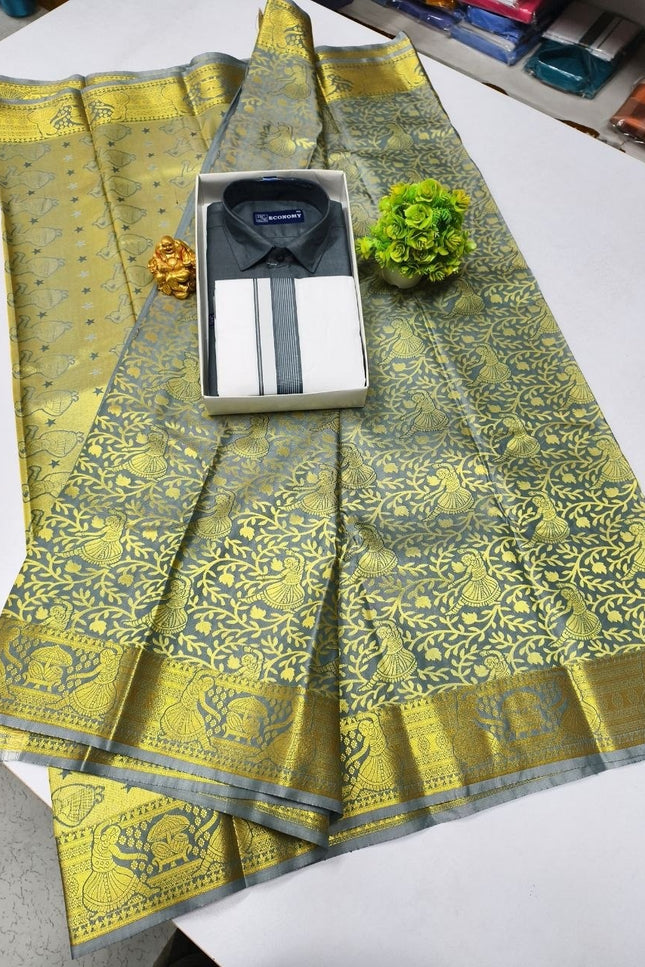 Traditional Couple Combo Set Kanchipuram Silk Saree & Cotton Dhoti-Shirt - Rosepetals Luxe