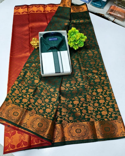 Traditional Couple Combo Set Kanchipuram Silk Saree & Cotton Dhoti-Shirt - Rosepetals Luxe