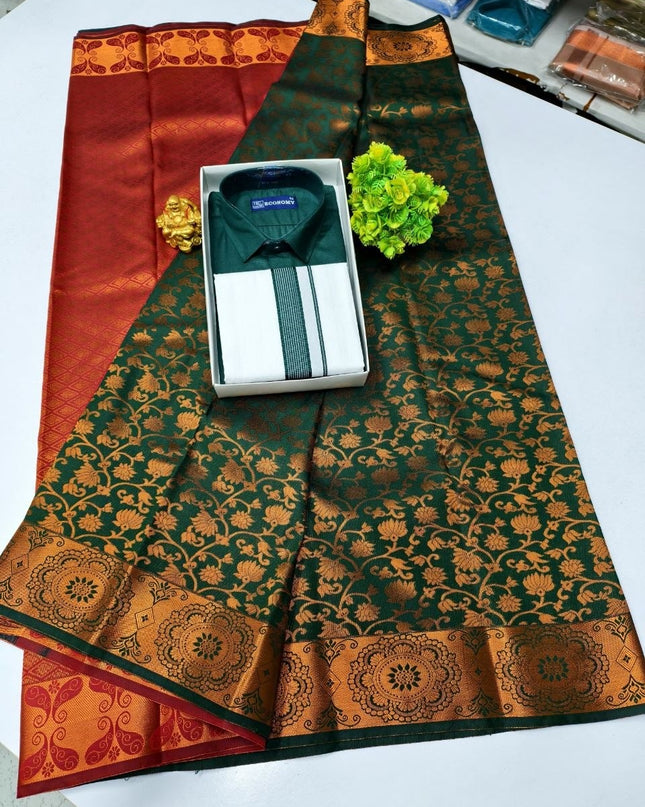 Traditional Couple Combo Set Kanchipuram Silk Saree & Cotton Dhoti-Shirt - Rosepetals Luxe