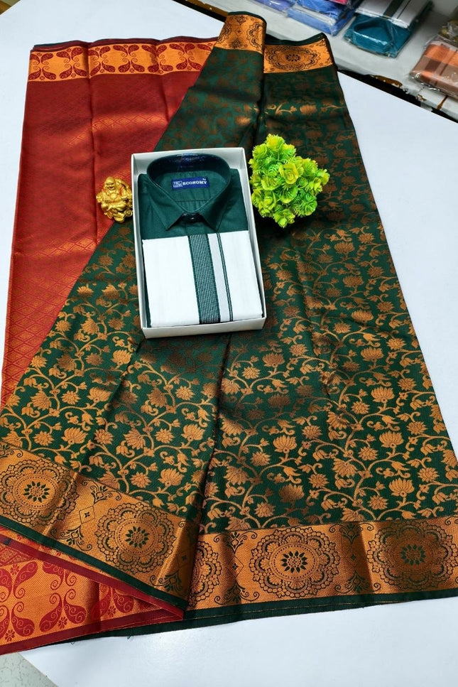 Traditional Couple Combo Set Kanchipuram Silk Saree & Cotton Dhoti-Shirt - Rosepetals Luxe