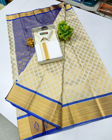Traditional Couple Combo Set Kanchipuram Silk Saree & Cotton Dhoti-Shirt - Rosepetals Luxe