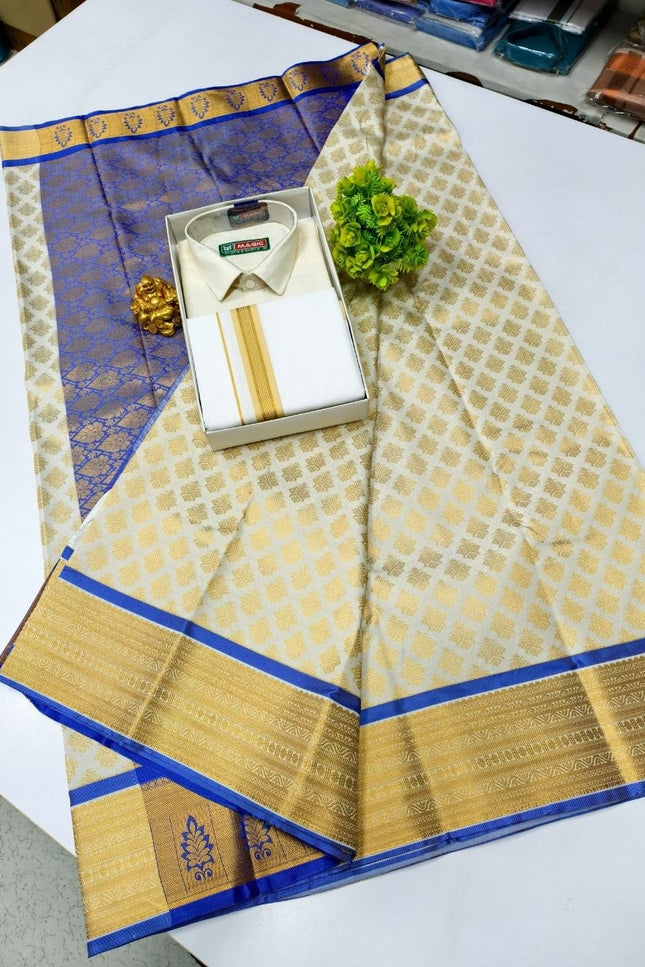 Traditional Couple Combo Set Kanchipuram Silk Saree & Cotton Dhoti-Shirt - Rosepetals Luxe
