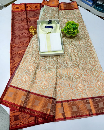 Traditional Couple Combo Set Kanchipuram Silk Saree & Cotton Dhoti-Shirt - Rosepetals Luxe