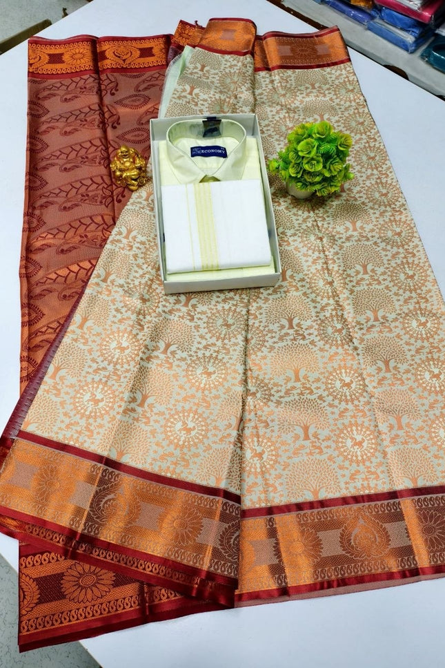 Traditional Couple Combo Set Kanchipuram Silk Saree & Cotton Dhoti-Shirt - Rosepetals Luxe