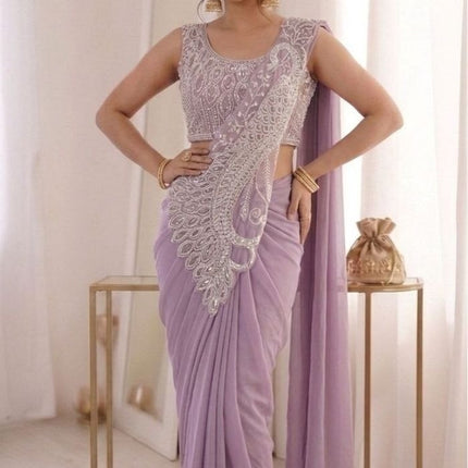 Lavender Embroidery Sequence Work Ready to Wear Saree with Embroidery Blouse