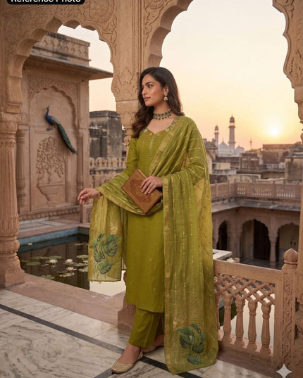 Green - Premium Green Mul Chanderi Kurti Pant Set | Hand Work & Linen Jacquard Dupatta - Rosepetals Luxe