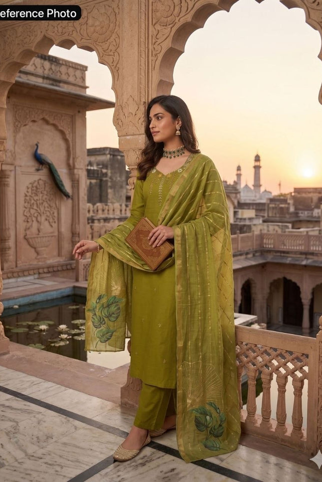 Green - Premium Green Mul Chanderi Kurti Pant Set | Hand Work & Linen Jacquard Dupatta - Rosepetals Luxe