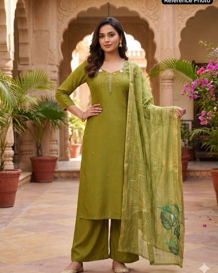 Green - Premium Green Mul Chanderi Kurti Pant Set | Hand Work & Linen Jacquard Dupatta - Rosepetals Luxe