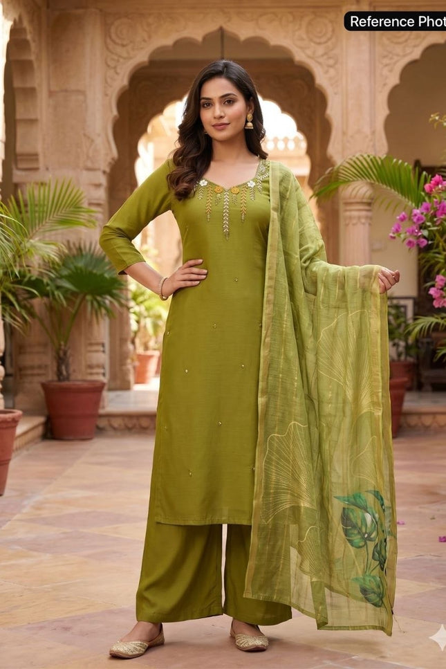 Green - Premium Green Mul Chanderi Kurti Pant Set | Hand Work & Linen Jacquard Dupatta - Rosepetals Luxe