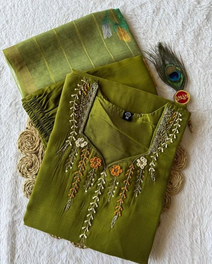 Green - Premium Green Mul Chanderi Kurti Pant Set | Hand Work & Linen Jacquard Dupatta - Rosepetals Luxe