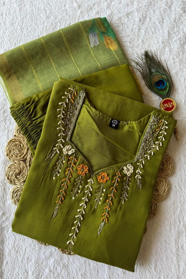 Green - Premium Green Mul Chanderi Kurti Pant Set | Hand Work & Linen Jacquard Dupatta - Rosepetals Luxe